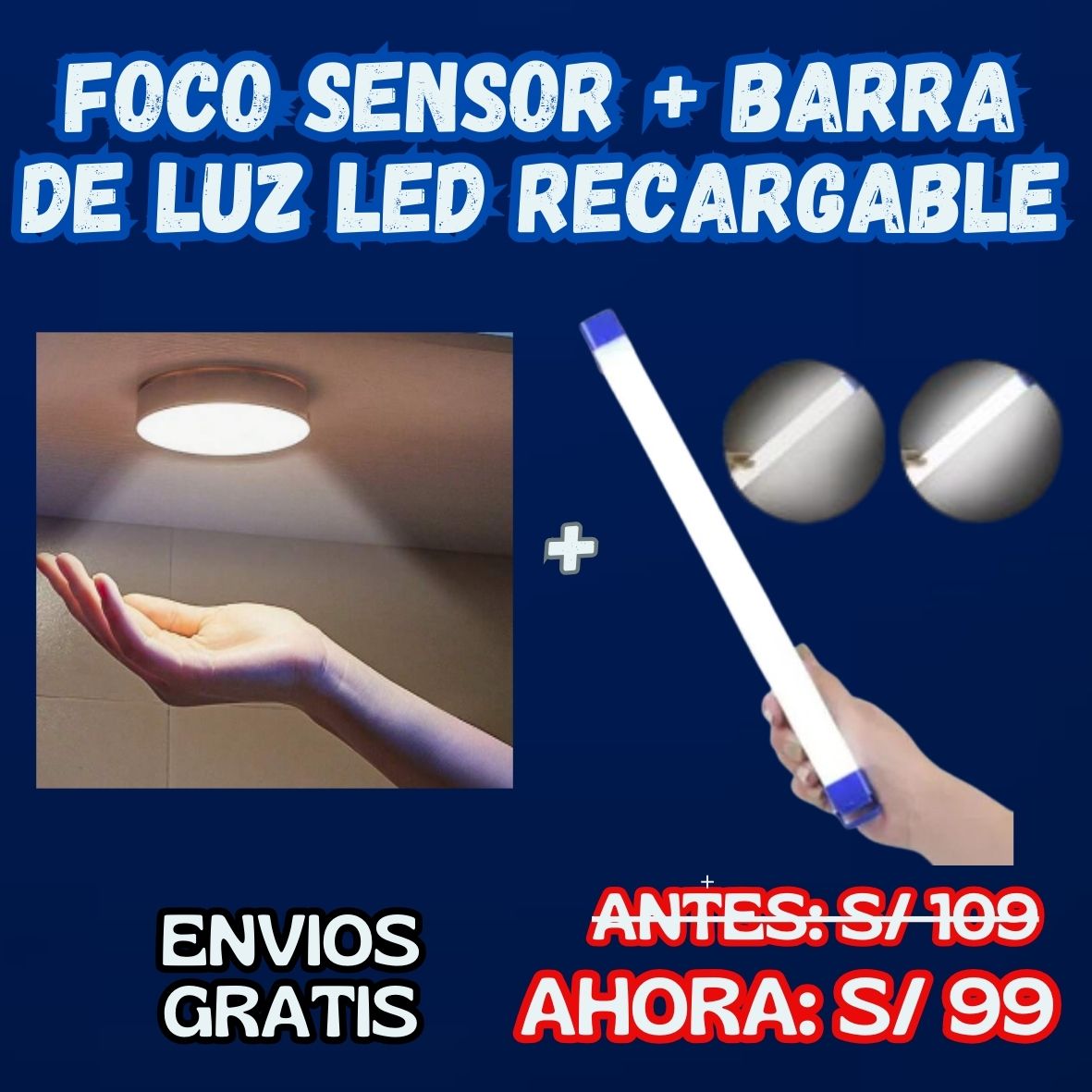 Foco Sensor + Barra de Luz Led Recargable